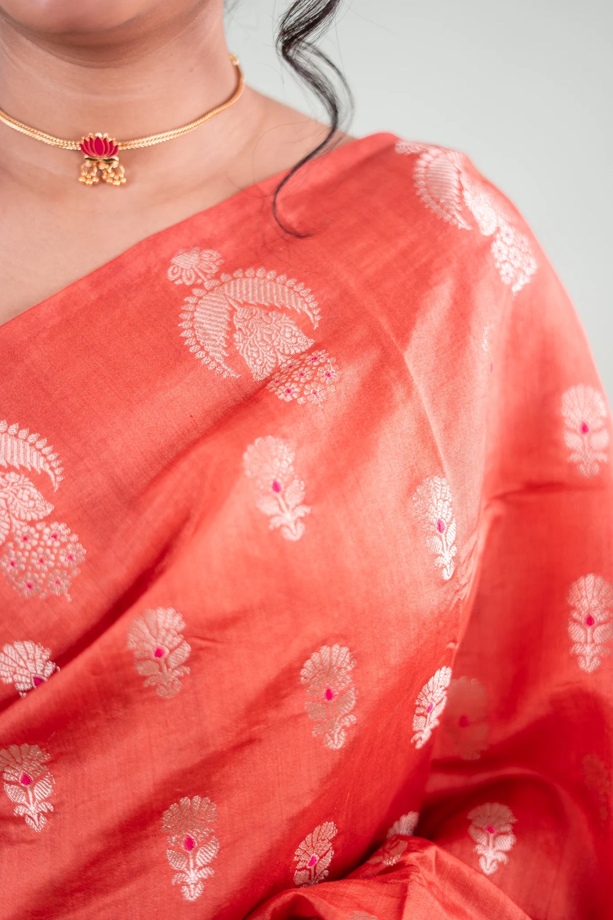 Rust Orange Banarasi Silk Saree - Paisley Floral Buta image 5