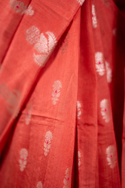 Rust Orange Banarasi Silk Saree - Paisley Floral Buta image 6