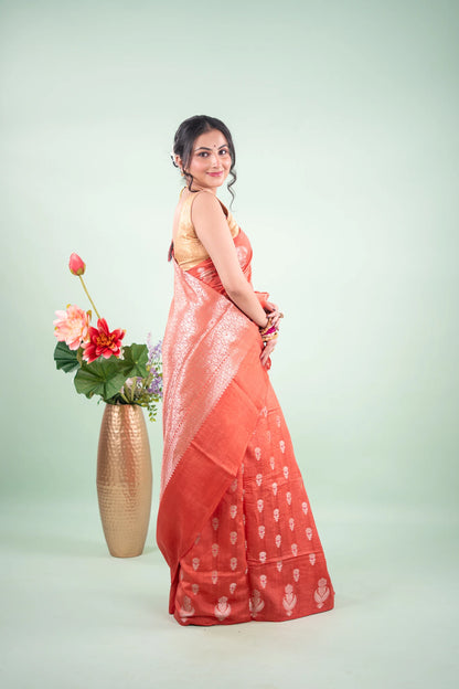 Rust Orange Banarasi Silk Saree - Paisley Floral Buta image 7