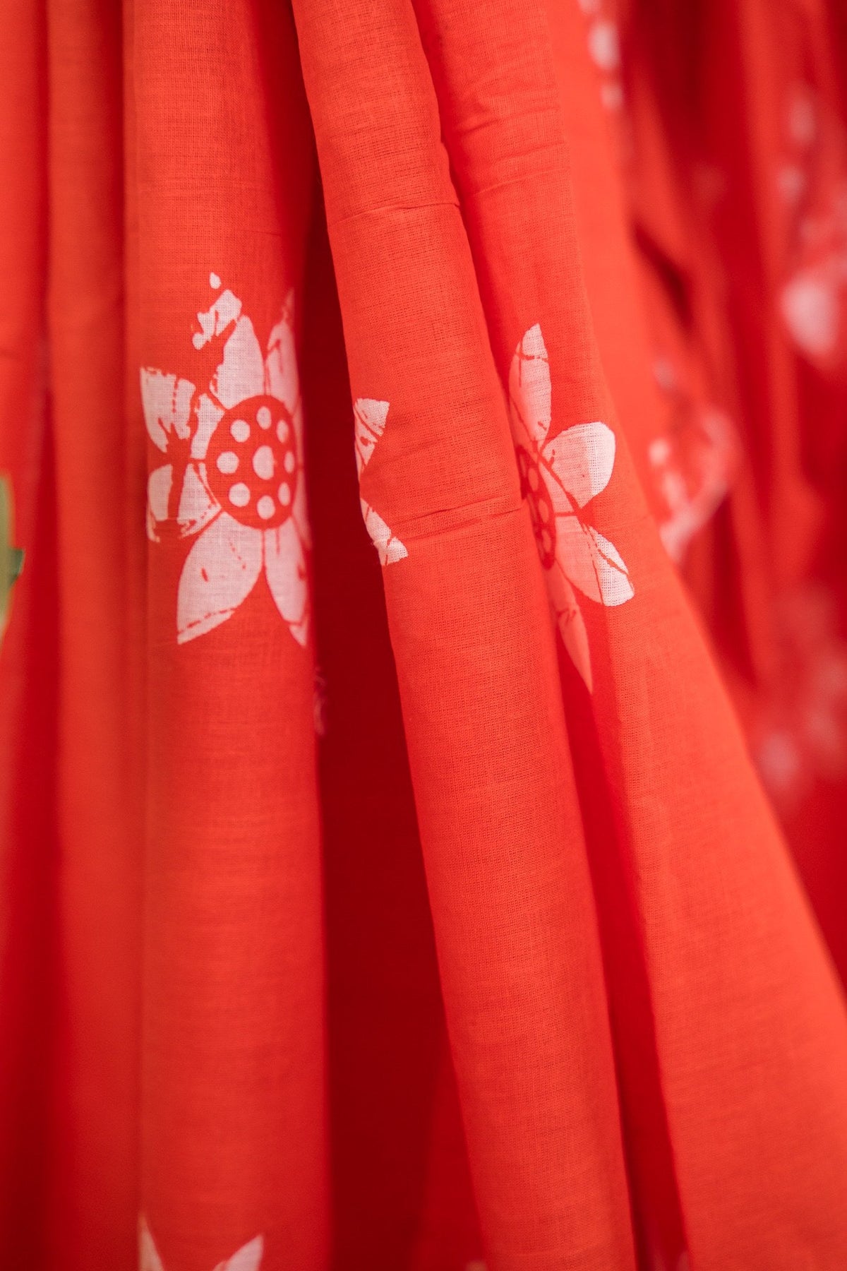 Rust Red Batik Floral Mul Mul Cotton Saree