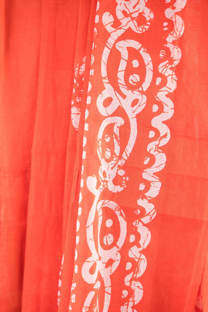 Rust Red Batik Floral Mul Mul Cotton Saree
