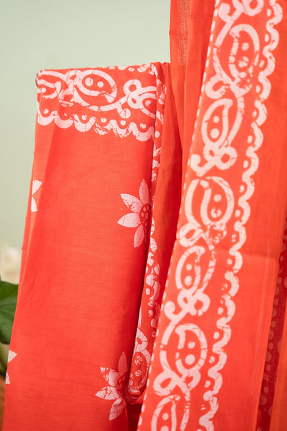 Rust Red Batik Floral Mul Mul Cotton Saree