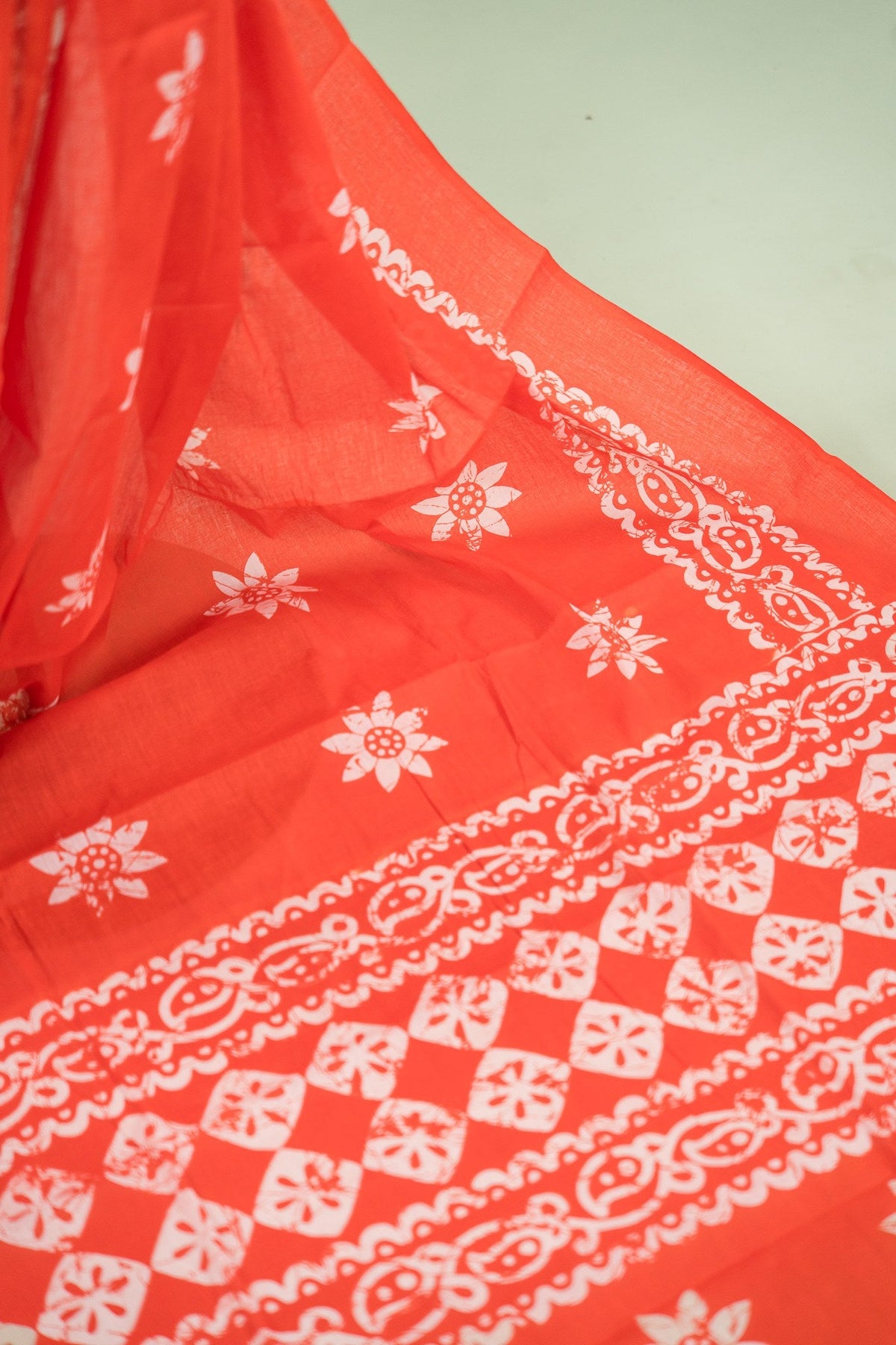Rust Red Batik Floral Mul Mul Cotton Saree