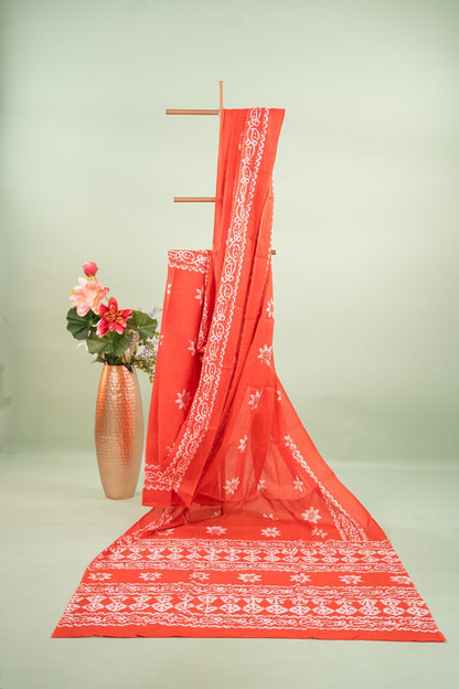 Rust Red Batik Floral Mul Mul Cotton Saree