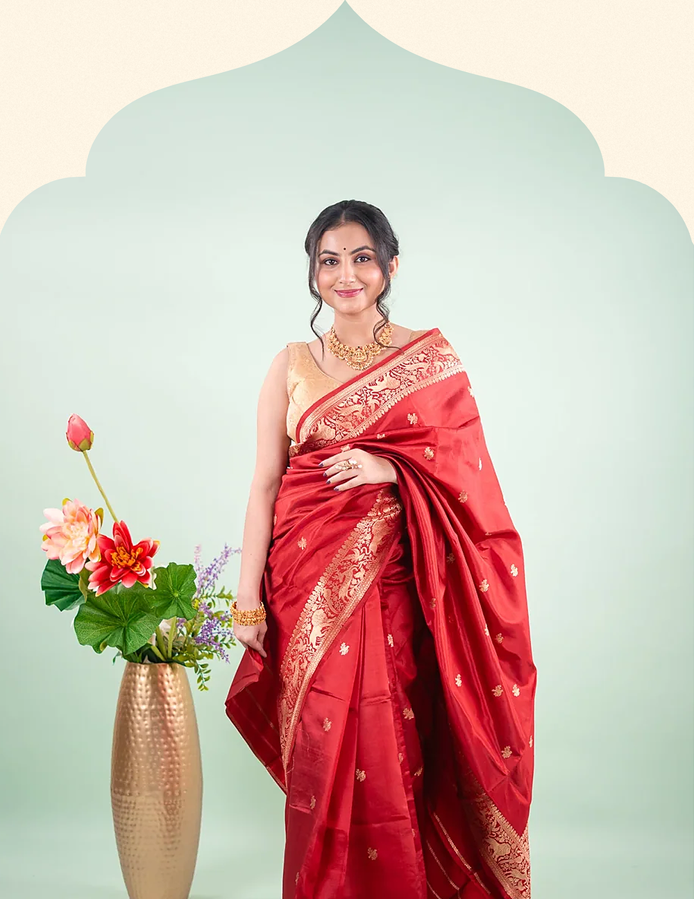 Crimson Red Banarasi Silk Saree - Animal Bird Border