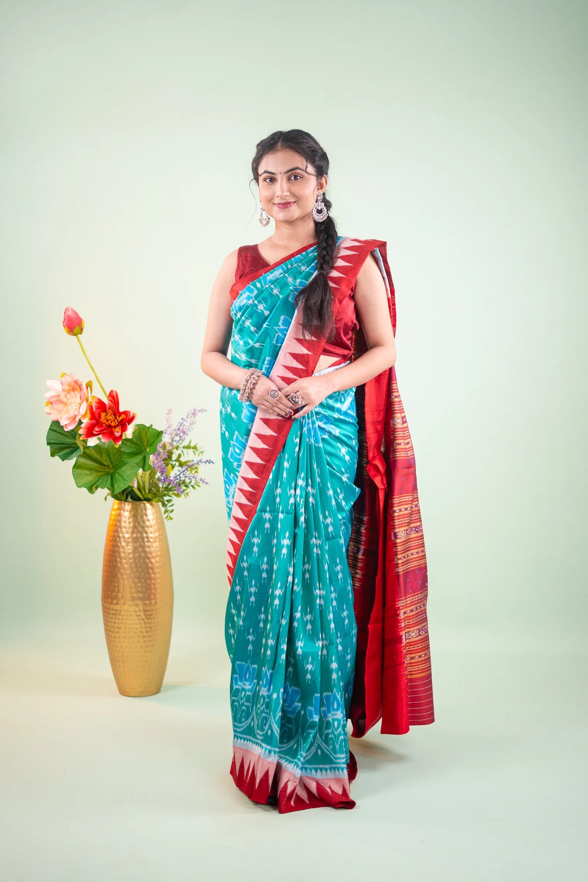 Sea Green Floral Temple Border Khandua Silk Saree - image 1