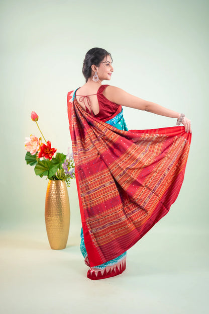 Sea Green Floral Temple Border Khandua Silk Saree - image 5