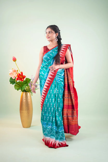 Sea Green Floral Temple Border Khandua Silk Saree - image 7