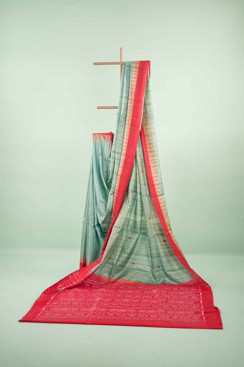 Sea Green Maroon Temple Tussar Saree