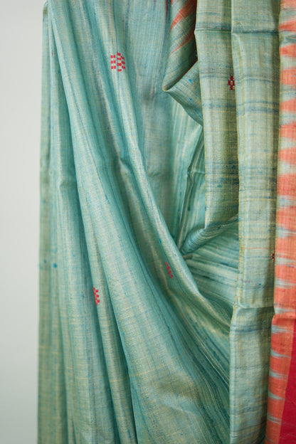 Sea Green Maroon Temple Tussar Saree