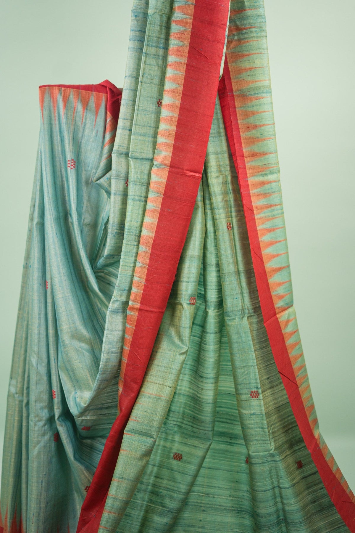 Sea Green Maroon Temple Tussar Saree