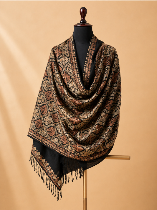 Black Kashmiri Pashmina Shawl with Resham Thread Handwork
