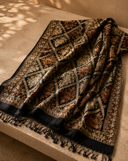 Black Kashmiri Pashmina Shawl with Resham Thread Handwork