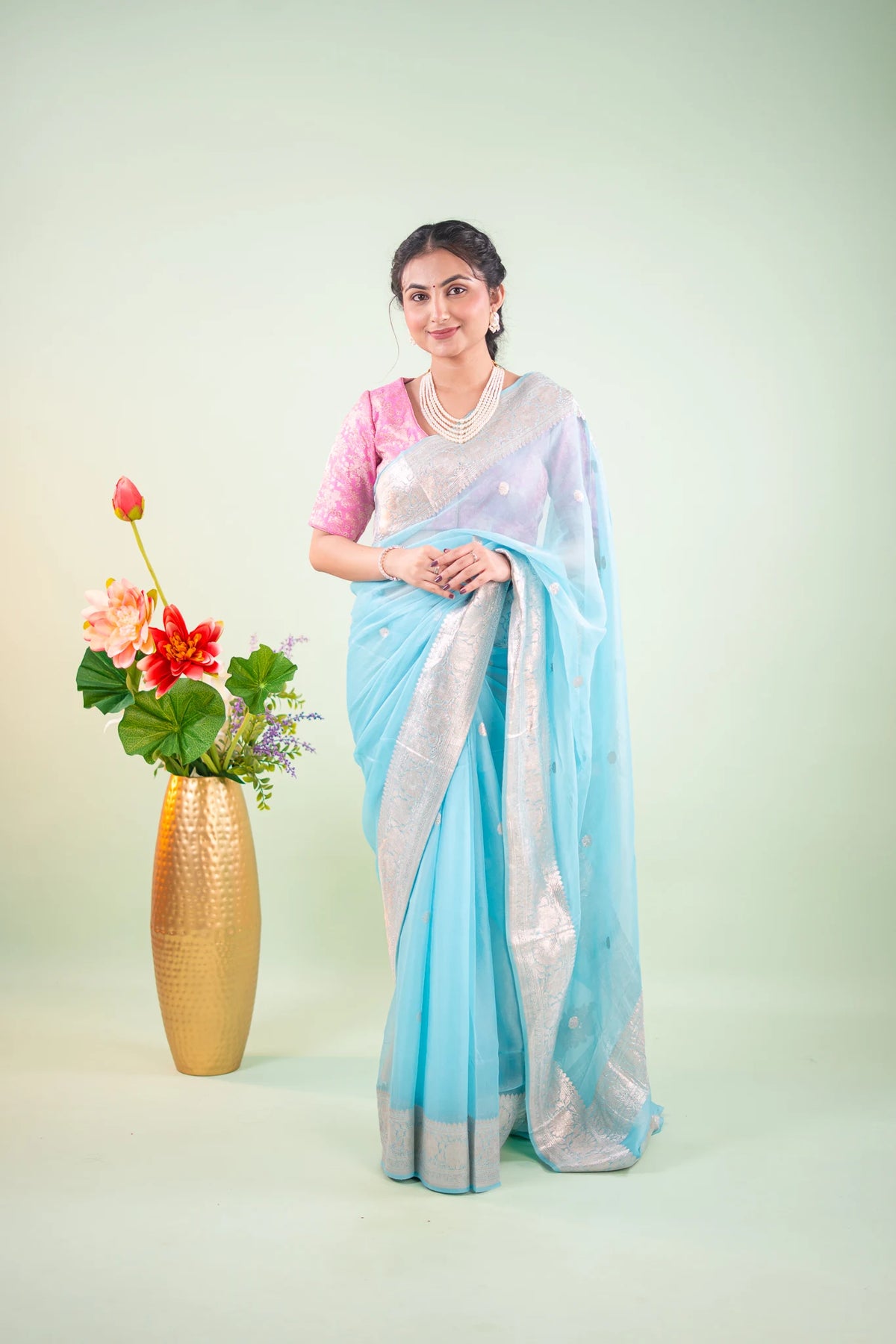 Sky Blue Silver Zari Chiffon Saree - image 1