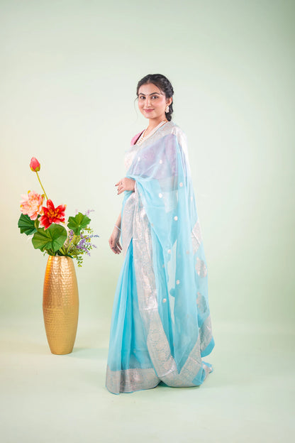 Sky Blue Silver Zari Chiffon Saree - image 2