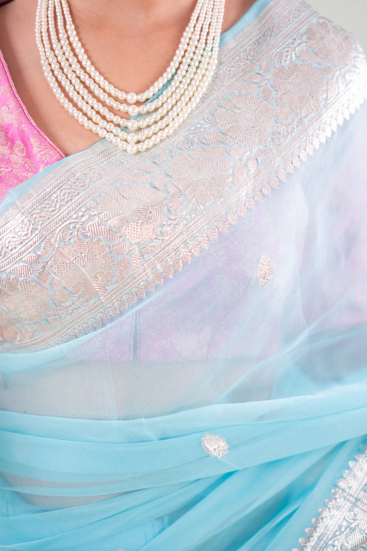 Sky Blue Silver Zari Chiffon Saree - image 3