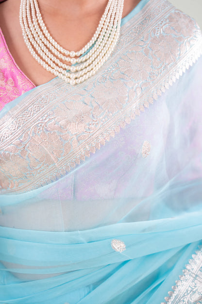 Sky Blue Silver Zari Chiffon Saree - image 3