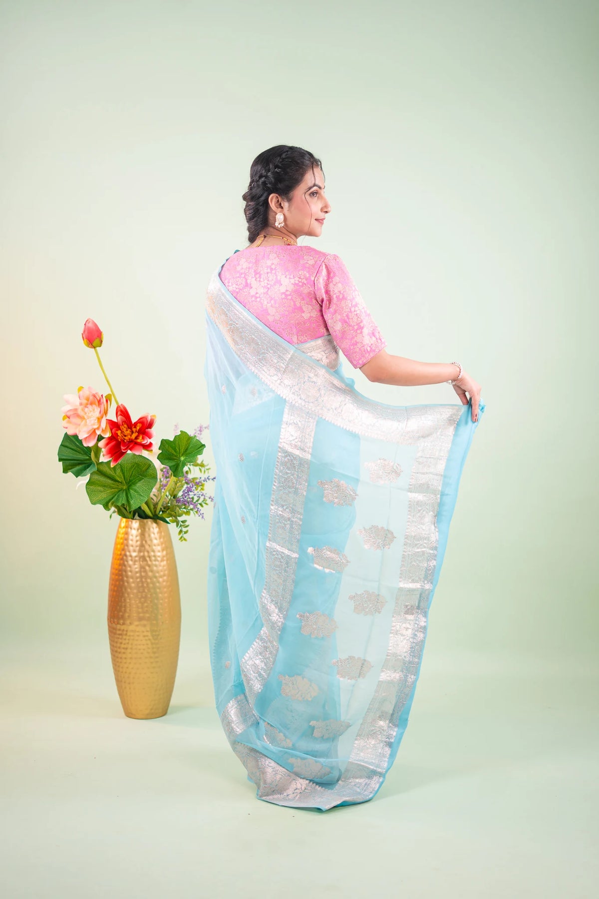 Sky Blue Silver Zari Chiffon Saree - image 4