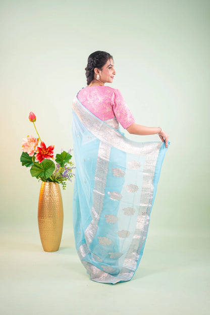 Sky Blue Silver Zari Chiffon Saree - image 4