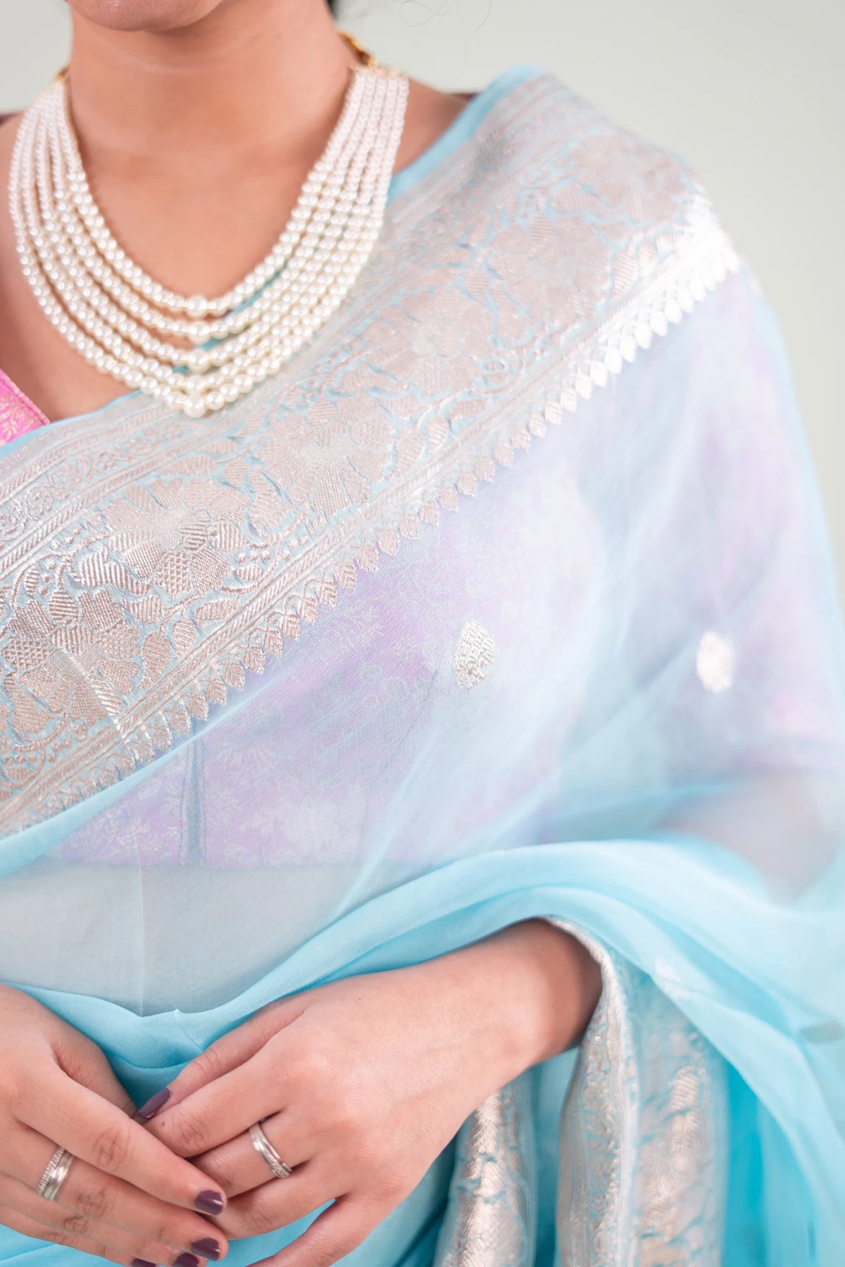 Sky Blue Silver Zari Chiffon Saree - image 5