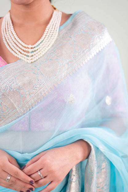 Sky Blue Silver Zari Chiffon Saree - image 5