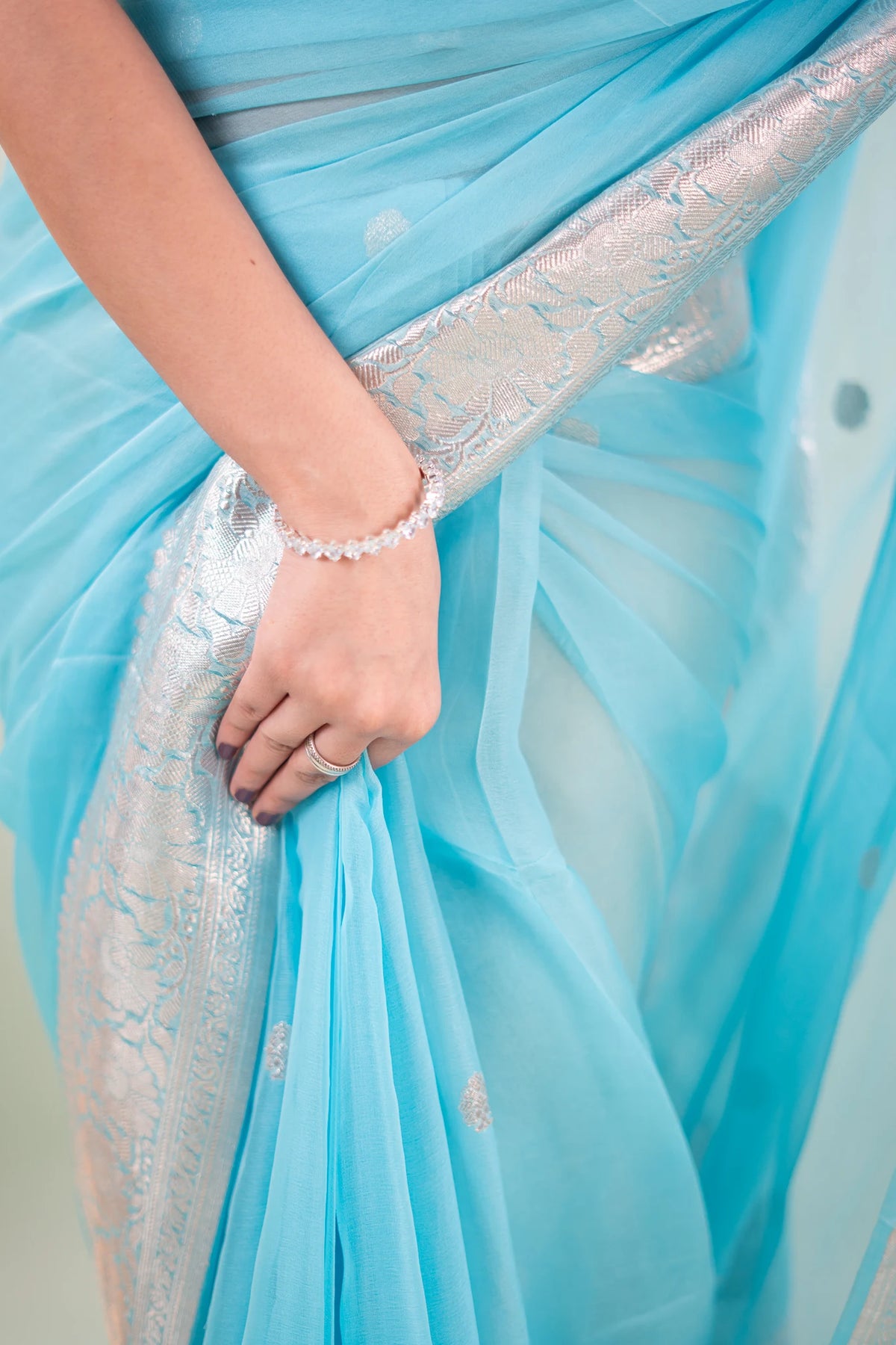 Sky Blue Silver Zari Chiffon Saree - image 6