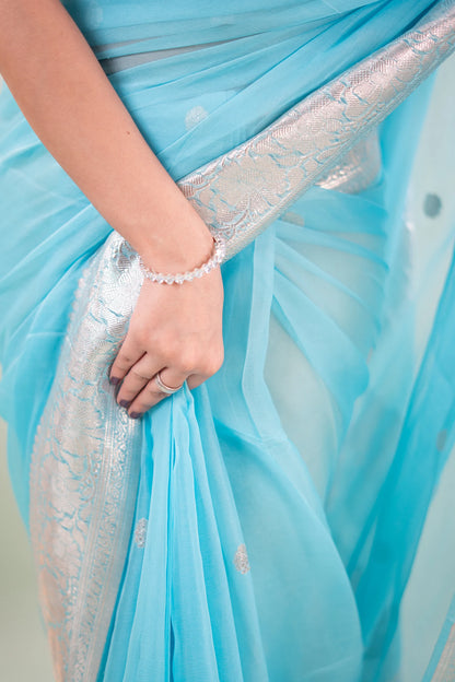 Sky Blue Silver Zari Chiffon Saree - image 6