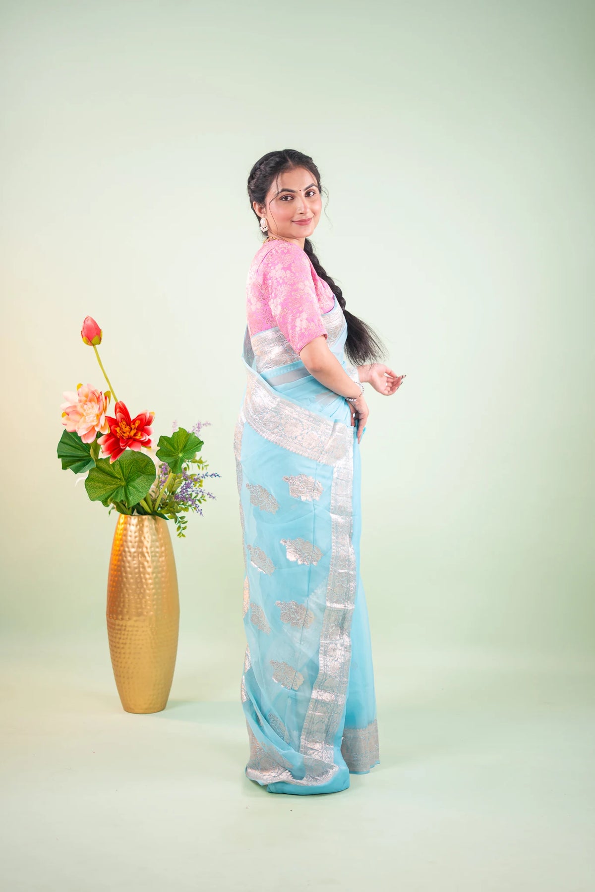 Sky Blue Silver Zari Chiffon Saree - image 7