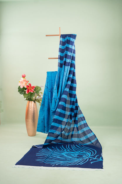 Sky Blue Striped Batik Mul Mul Cotton Saree
