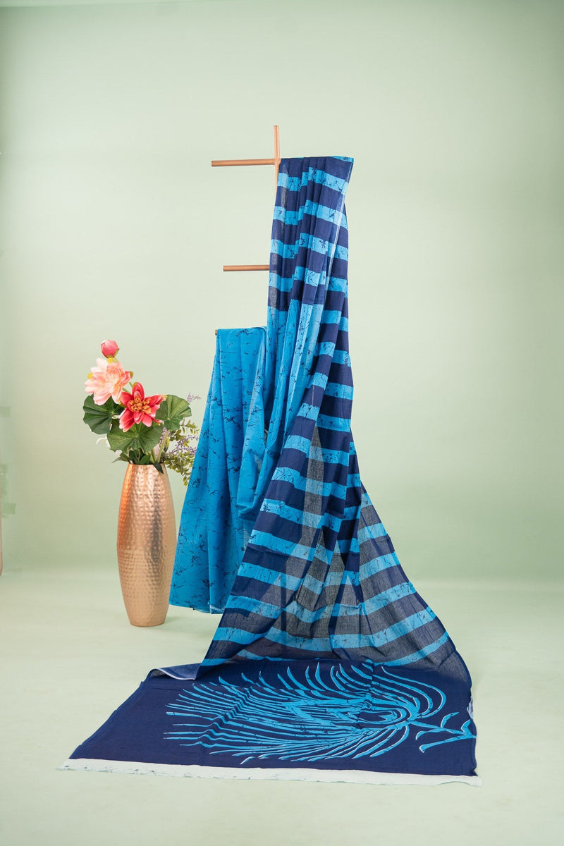 Sky Blue Striped Batik Mul Mul Cotton Saree