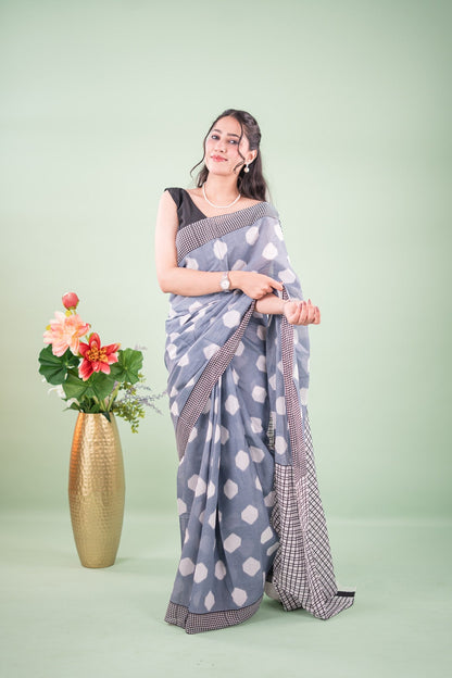 Slate Grey Ikat Diamond Mul Mul Cotton Saree
