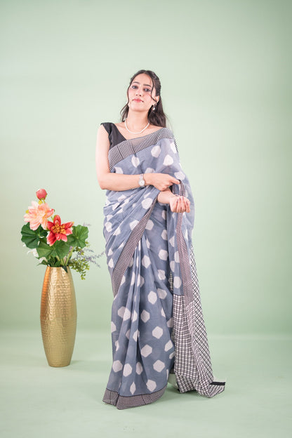 Slate Grey Ikat Diamond Mul Mul Cotton Saree