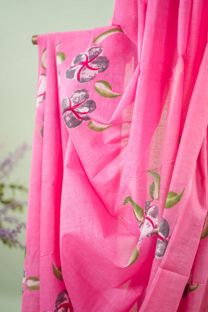 Soft Pink Hand-Painted Floral Mul Mul Cotton Saree
