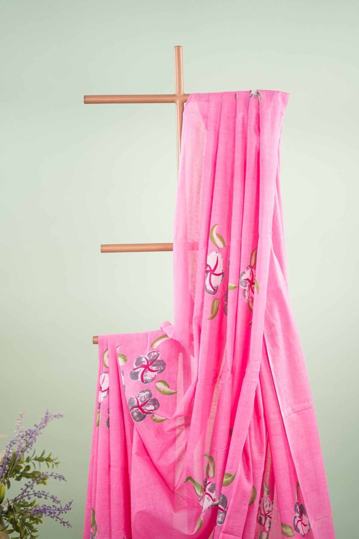 Soft Pink Hand-Painted Floral Mul Mul Cotton Saree