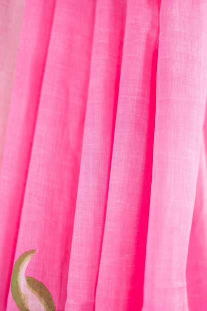 Soft Pink Hand-Painted Floral Mul Mul Cotton Saree