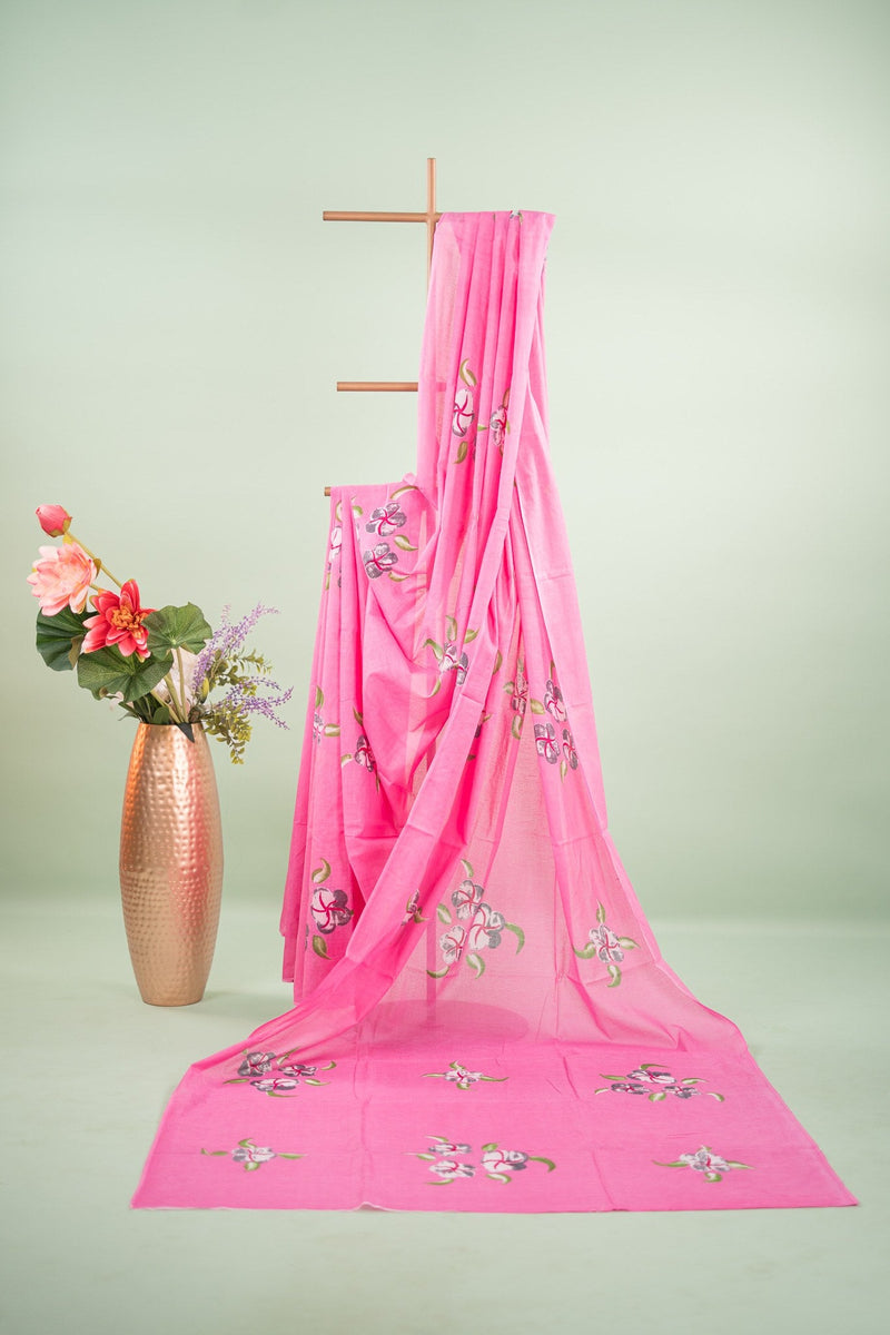 Soft Pink Hand-Painted Floral Mul Mul Cotton Saree