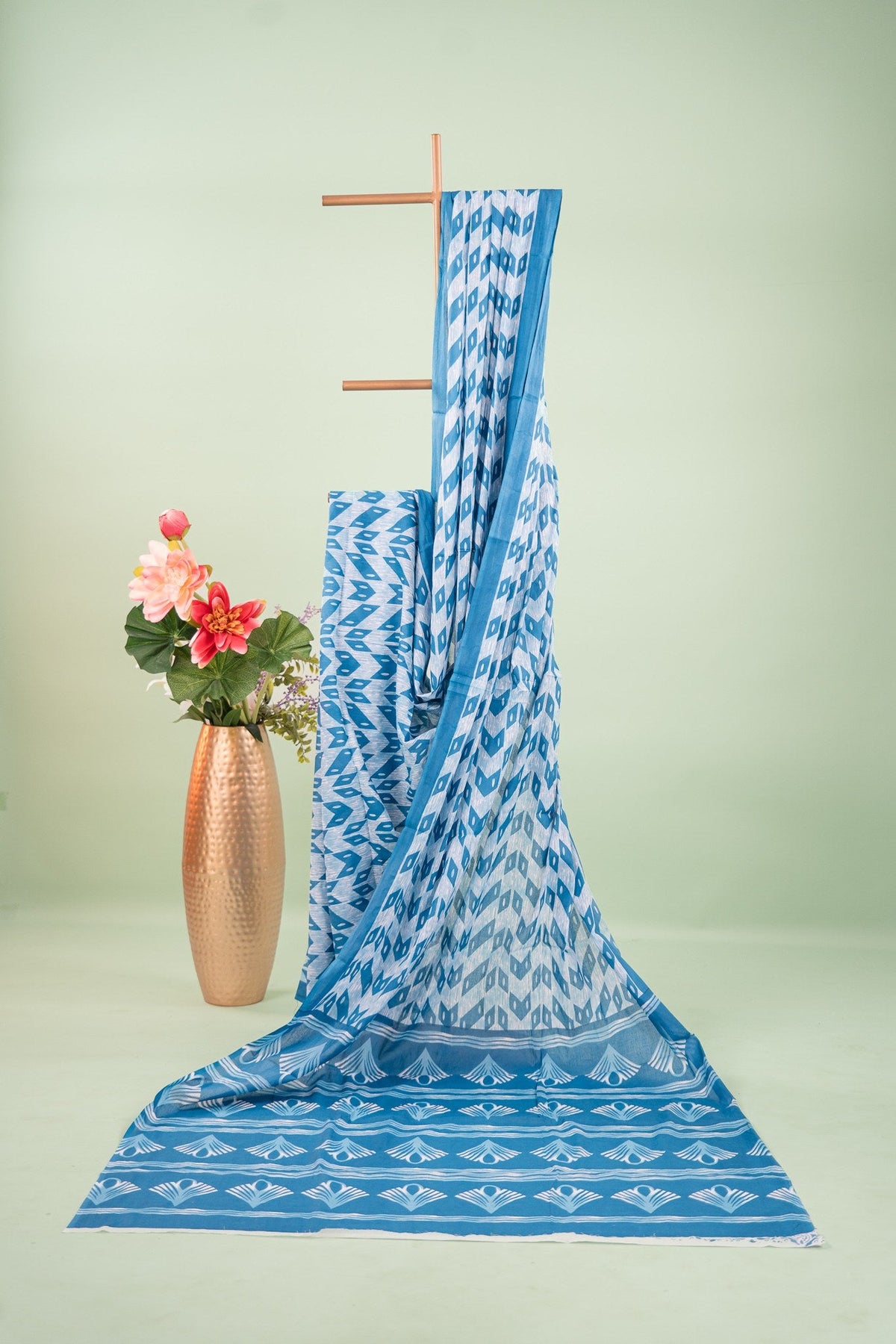Steel Blue Chevron Ikat Mul Mul Cotton Saree