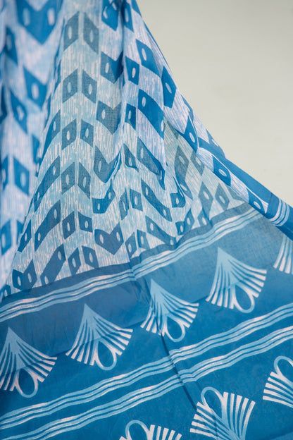 Steel Blue Chevron Ikat Mul Mul Cotton Saree