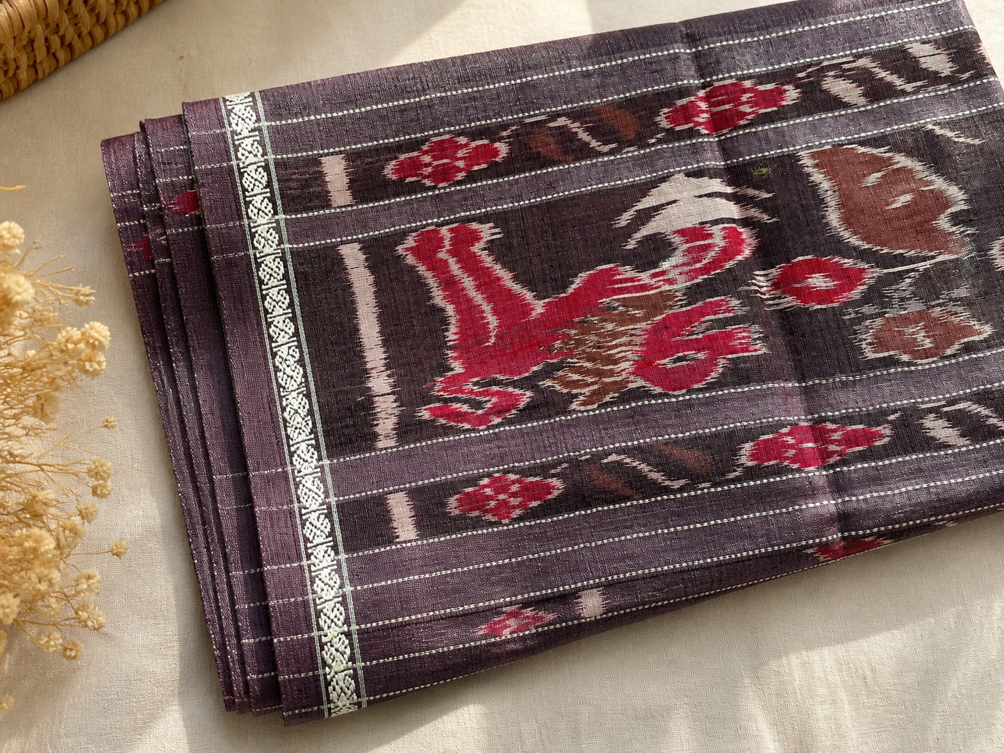 Pure Tussar Silk Dupatta in Dark Mauve | Handwoven Odisha Tie & Dye Dupatta