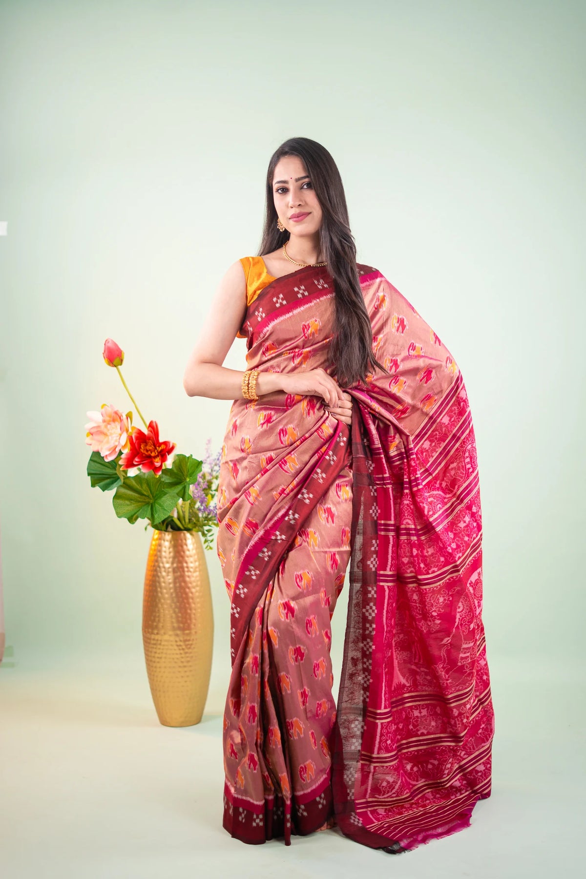 Taupe Maroon Elephant Motif Khandua Silk Saree - image 1