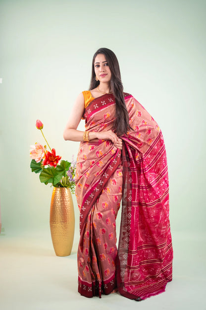 Taupe Maroon Elephant Motif Khandua Silk Saree - image 2