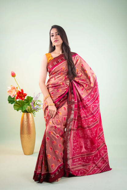 Taupe Maroon Elephant Motif Khandua Silk Saree - image 3
