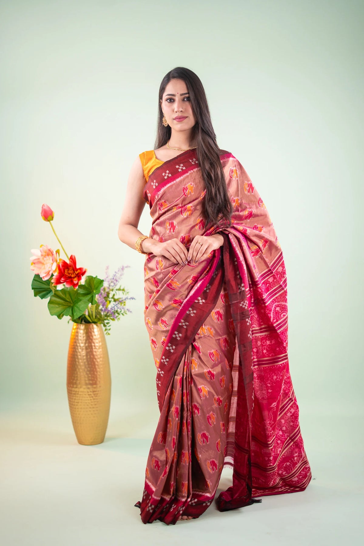 Taupe Maroon Elephant Motif Khandua Silk Saree - image 6