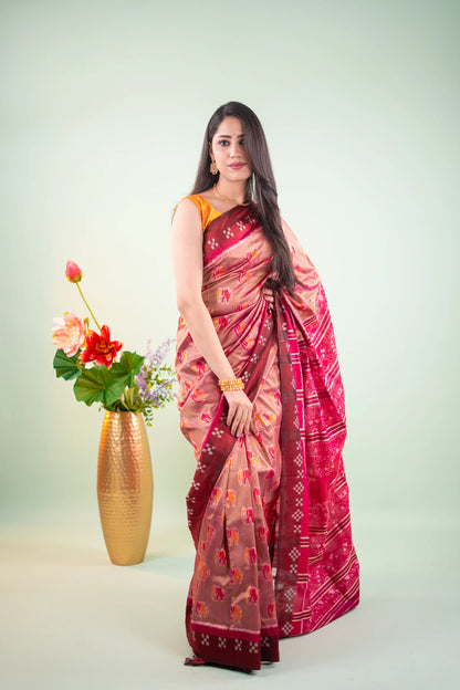 Taupe Maroon Elephant Motif Khandua Silk Saree - image 7