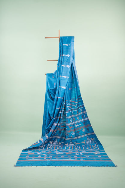 Teal Blue Fern Motif Tussar Saree