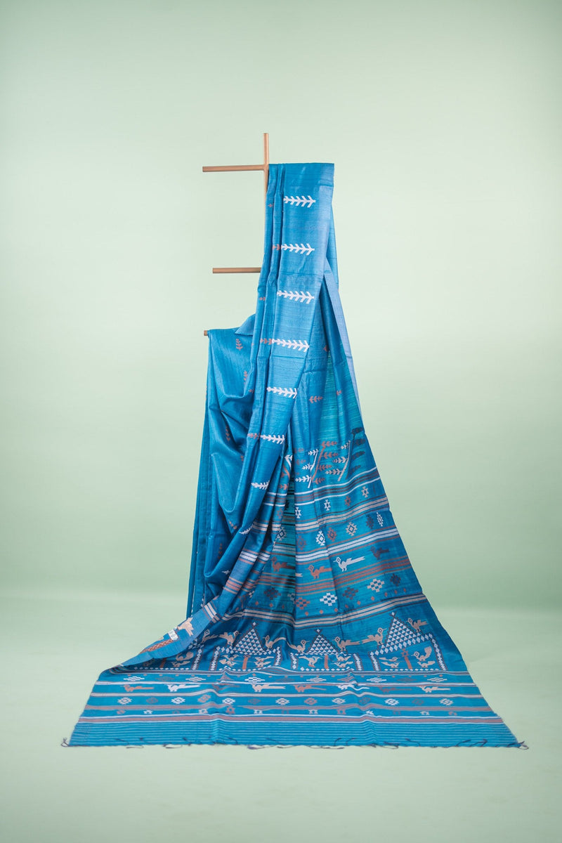 Teal Blue Fern Motif Tussar Saree