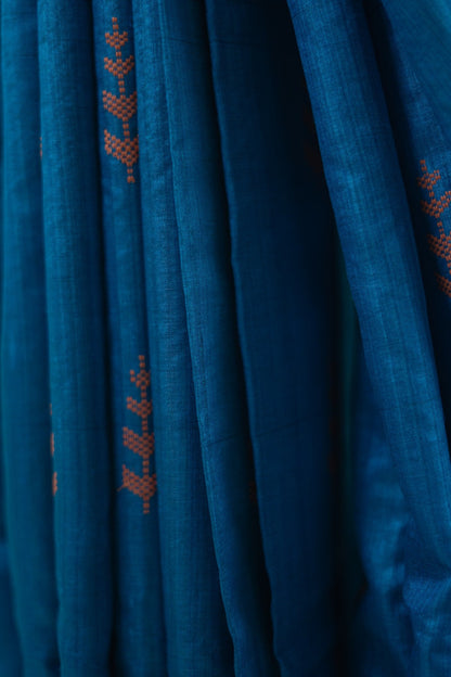 Teal Blue Fern Motif Tussar Saree