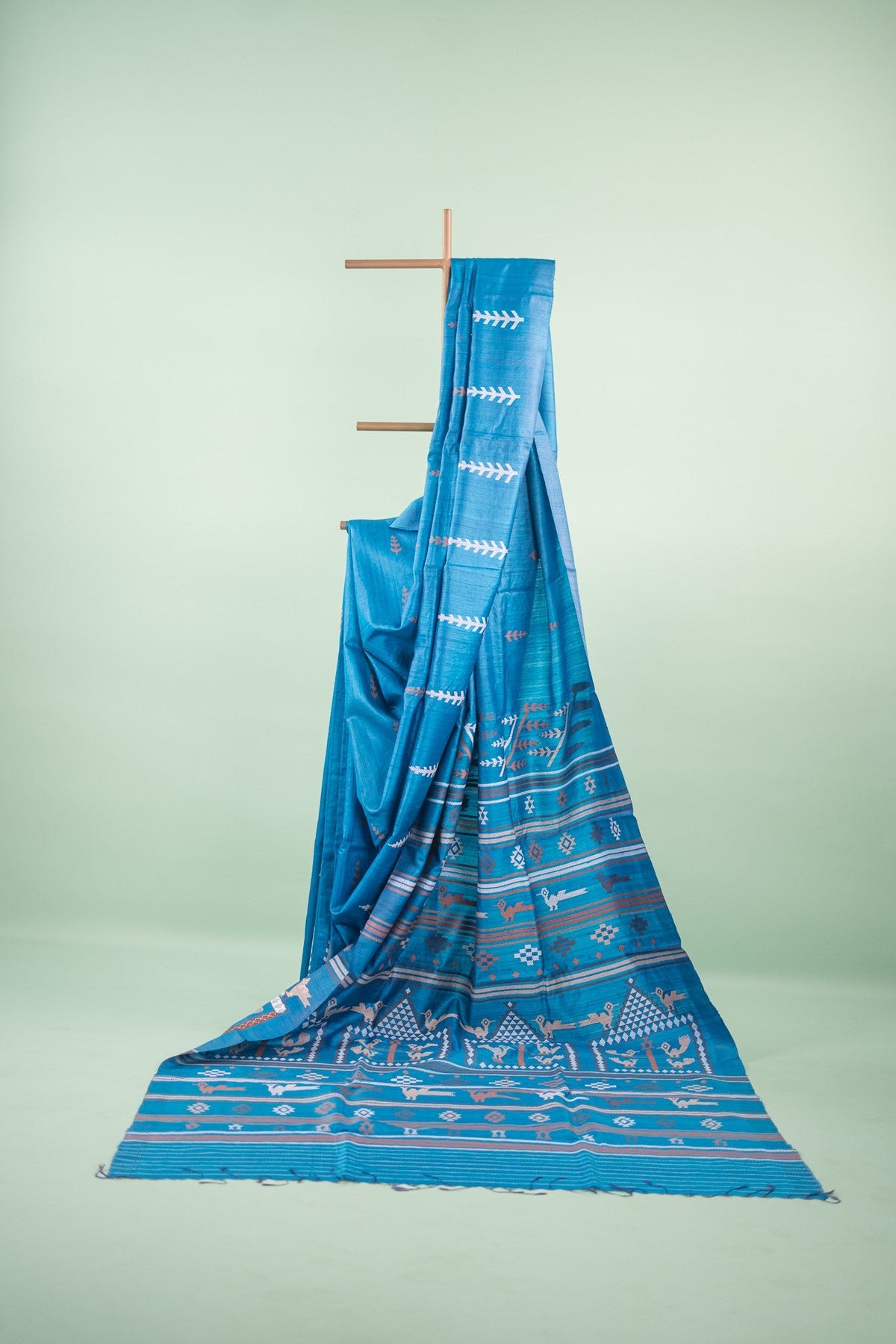 Teal Blue Fern Motif Tussar Saree
