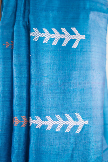 Teal Blue Fern Motif Tussar Saree