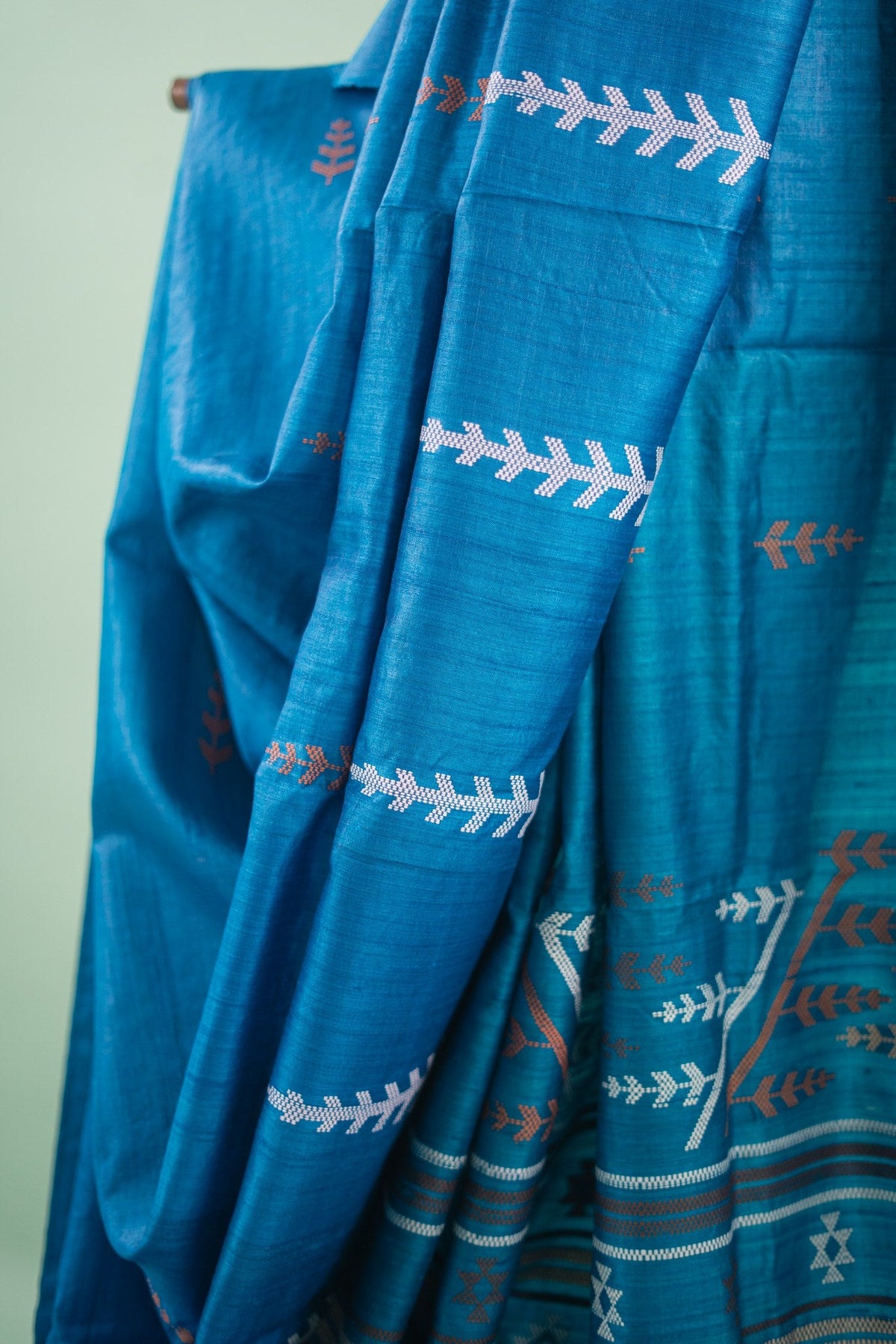 Teal Blue Fern Motif Tussar Saree